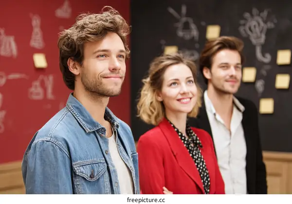 Group of young professionals standing in modern office setting