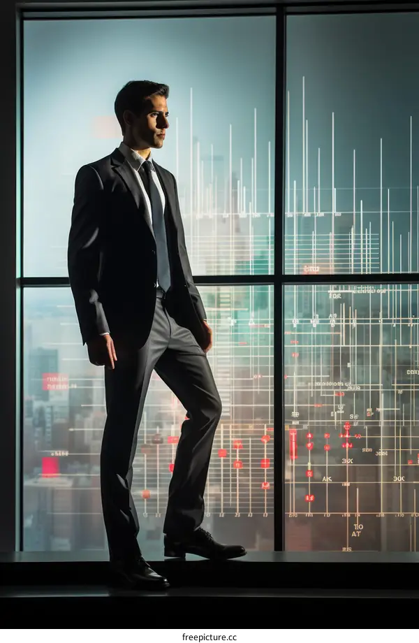 Businessman looking at the city through the window