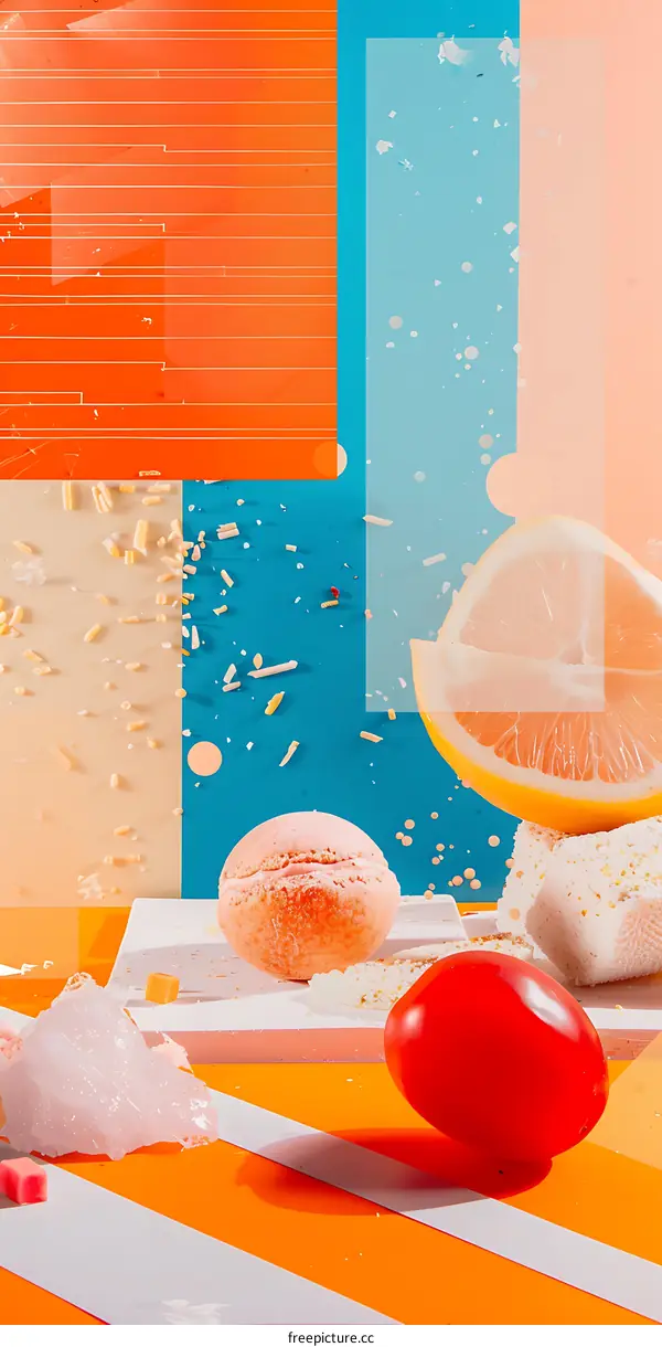 Abstract Still Life with Lemon, Tomato, and Macarons