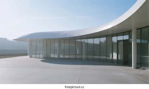Modern Curved Building with Large Glass Facade Under Clear Sky