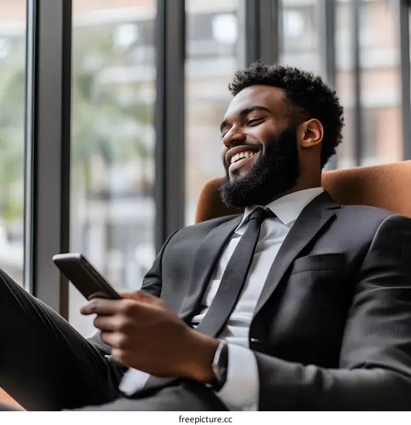 Smiling African American Businessman Sitting in a Chair Holding a Phone