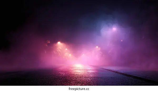 Mystical Foggy Night Road with Neon Lights