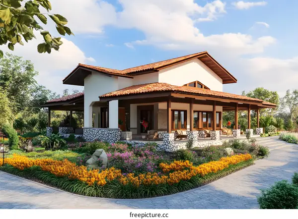 Modern House with Large Porch and Stone Patio