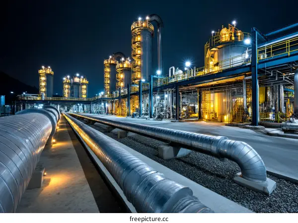 Industrial Oil Refinery at Night