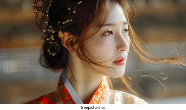 Portrait of a beautiful Chinese woman in traditional red and white dress