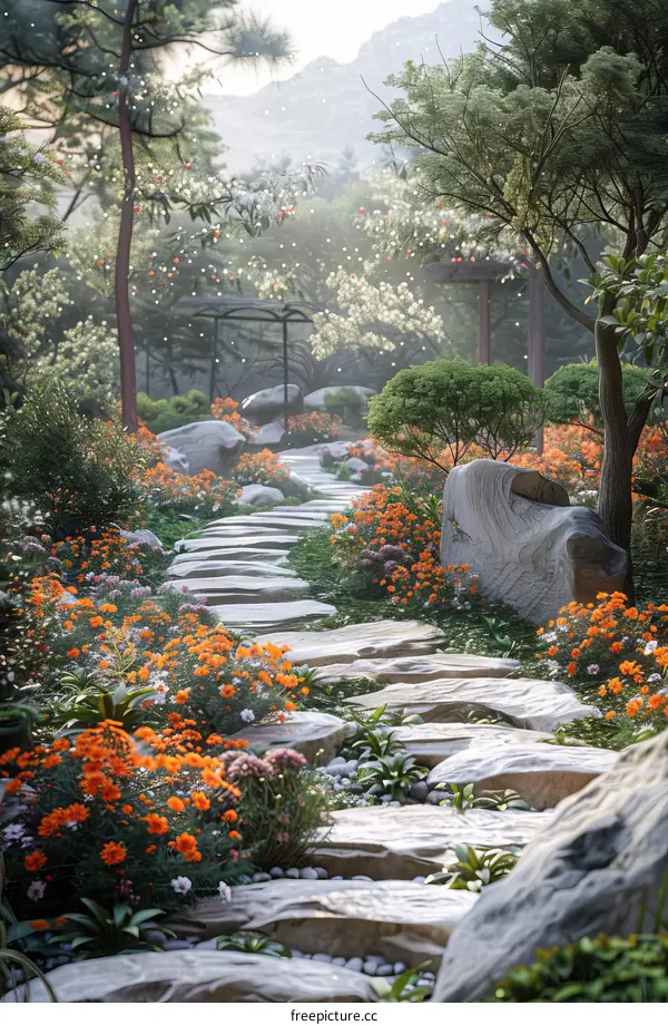 A Beautiful Winding Garden Pathway with Flowers and Trees