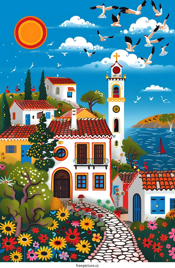 Mediterranean Village Illustration with Church and Sea