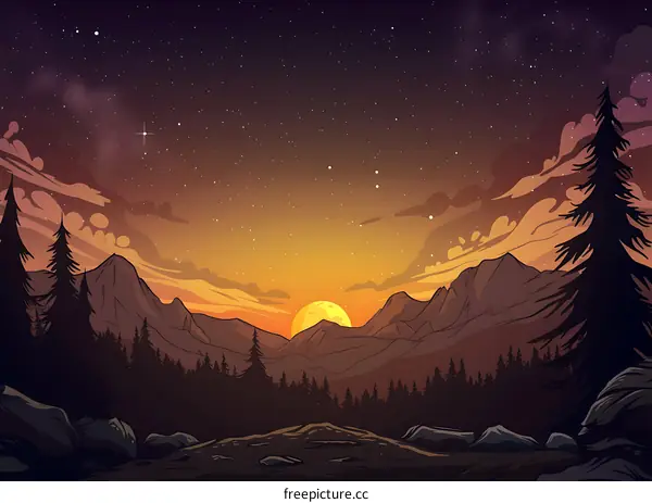 Night Sky Mountains Landscape Illustration
