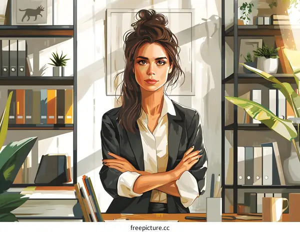 portrait of a young woman in a suit standing in an office