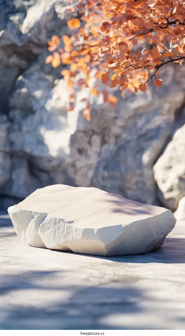 Modern Minimalist Stone Display Platform Autumn Leaves Background