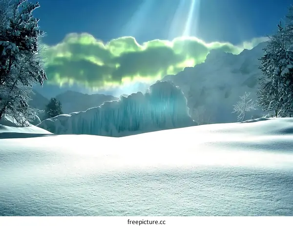 Snowy Mountain Landscape with Bright Green Clouds and Sunlight