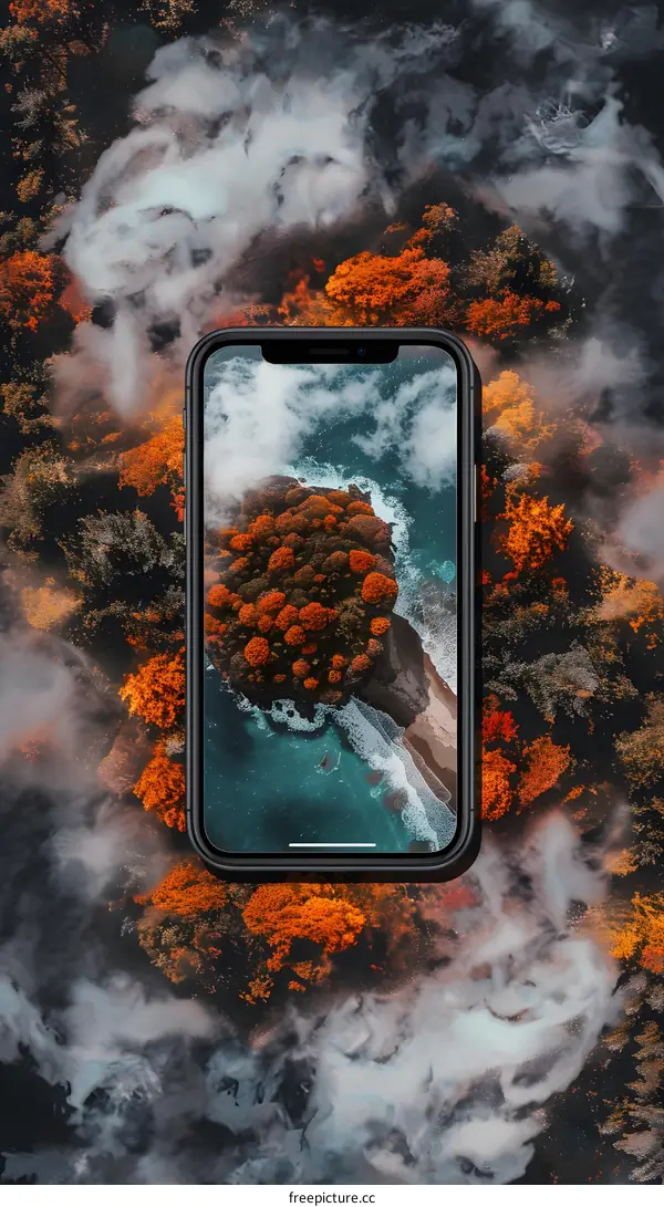 Aerial View of a Smartphone Displaying an Island with Autumn Foliage