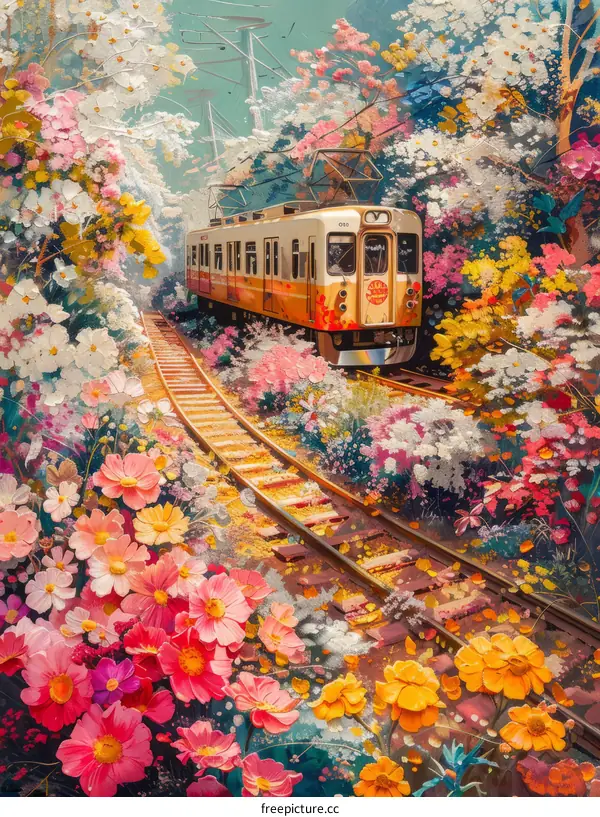 Train Journey Through a Vibrant Flower Field