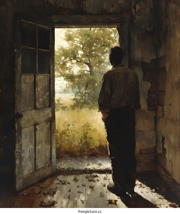 A man standing in a doorway looking out at a field