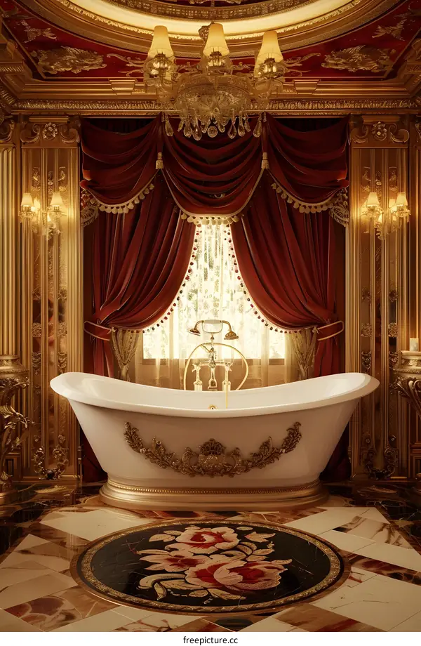 Luxury Bathroom Interior Design with Golden Decor and Bathtub