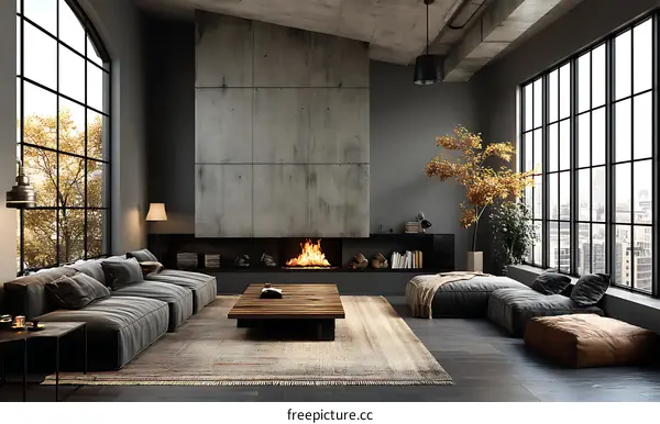 Modern Industrial Living Room with Large Windows