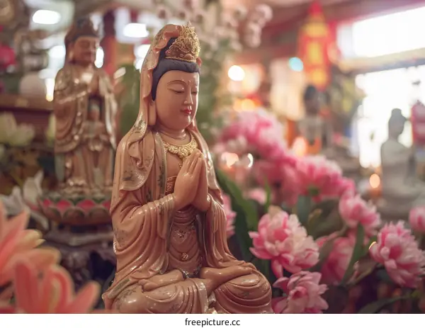 Statue of Chinese deity with offerings