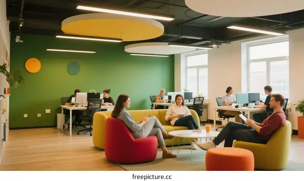 Modern office space with people working and relaxing
