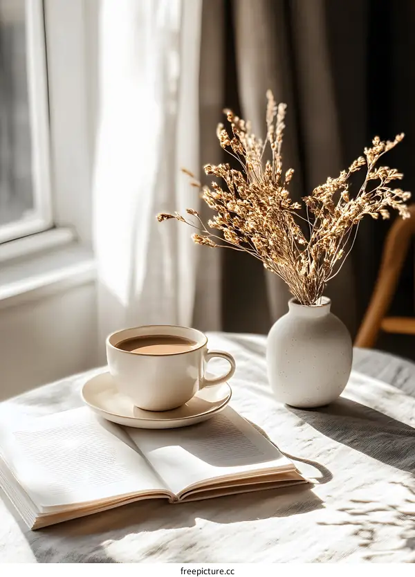 Coffee Cup Book and Dried Flowers on Table