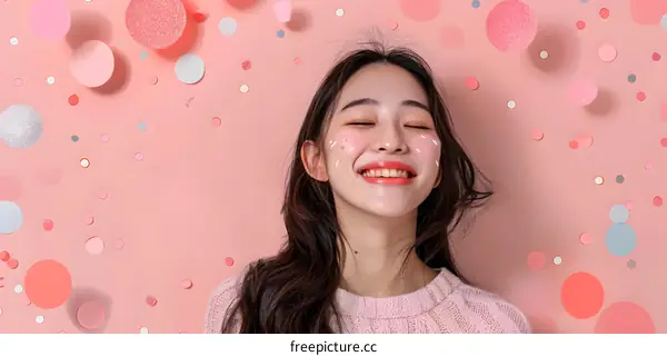 Happy Asian Woman with Confetti Background