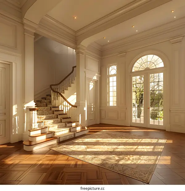 Staircase and Doorway with Parquet Flooring