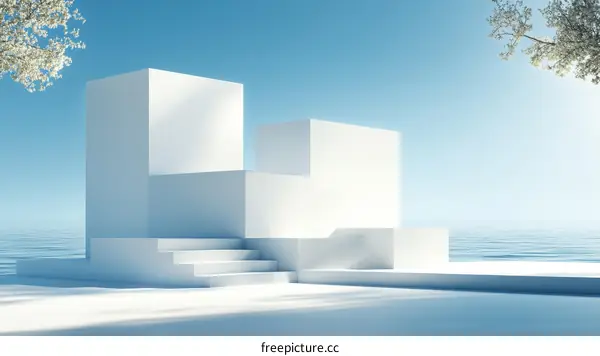 Minimalist White Geometric Display Platform by the Sea