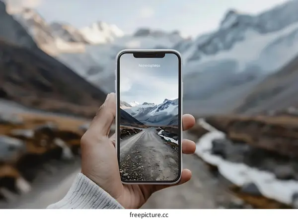 Hand Holding Phone with Mountain Landscape Photo