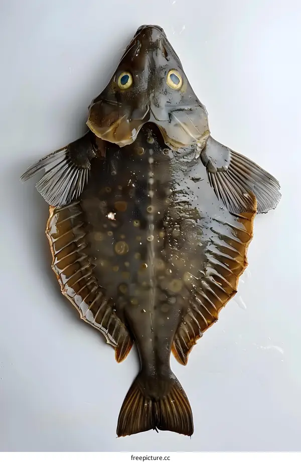 A large brown flounder fish with its eyes on top of its head