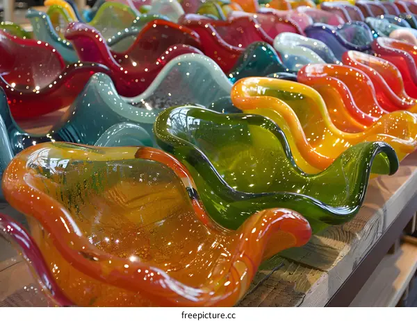 Colorful blown glass bowls with wavy edges