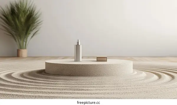 Minimalist Zen Sand Display with Cosmetic Bottles