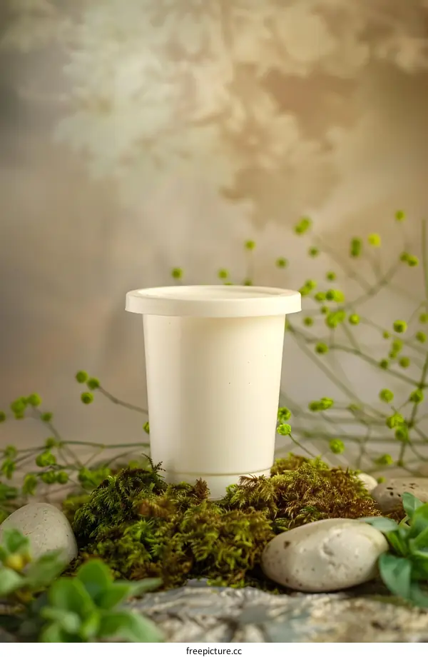 White Cup Mockup with Green Plants and Stones