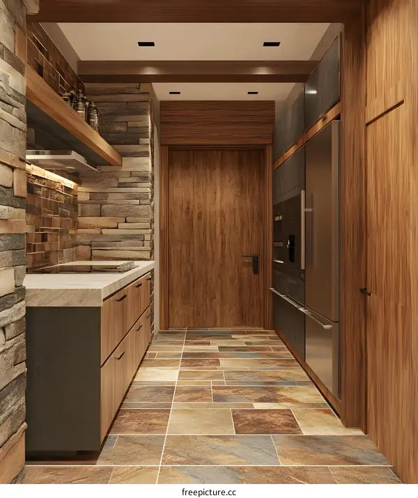 Modern Kitchen Design with Stone Wall and Wooden Cabinets
