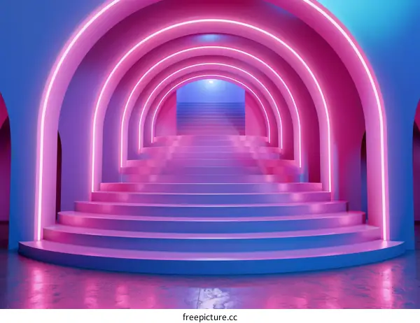 3D rendering of a blue and pink staircase with arches and neon lights