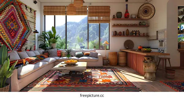 A cozy living room with a large colorful rug, comfortable couch, and lots of plants.