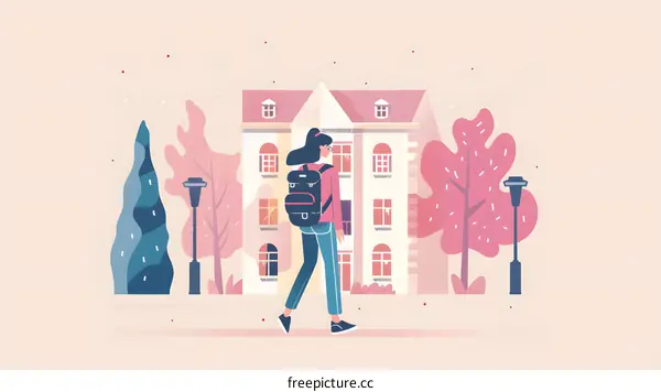 Young Woman Walking in Front of a Building