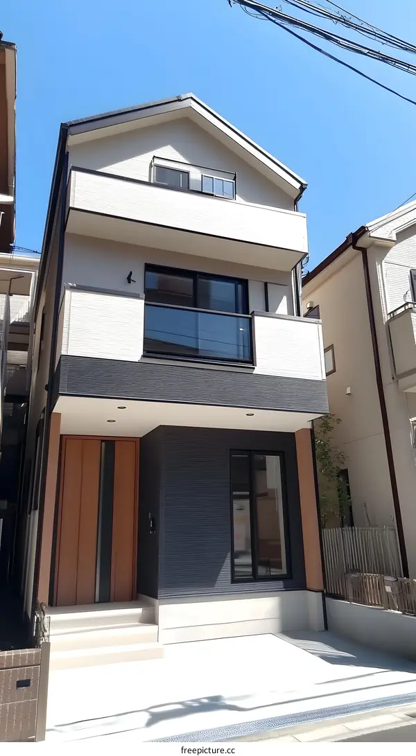 Modern House Exterior with Wooden Door and Concrete Patio