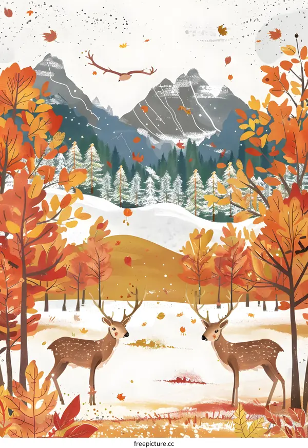 Autumn Forest with Deer and Snowcapped Mountains