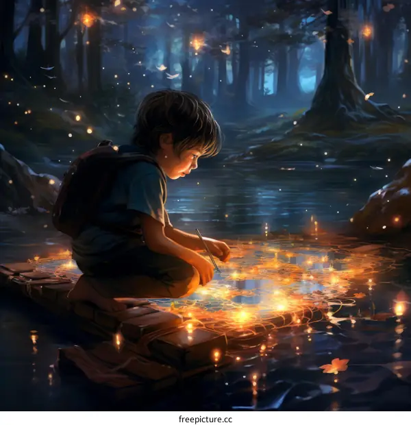 boy drawing in water with leaves floating around him in a magical forest