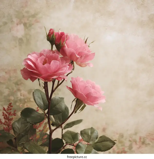 Vintage Pink Roses on Aged Wallpaper