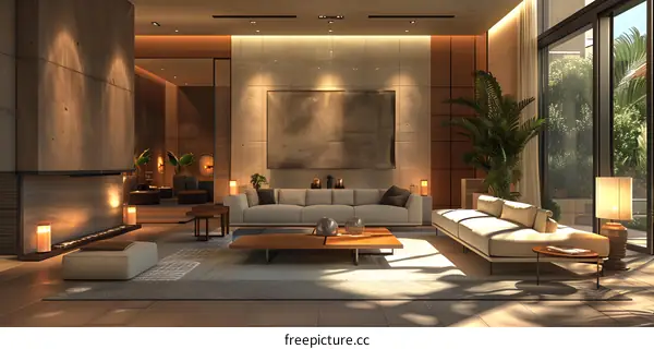 Modern living room with fireplace and palm tree