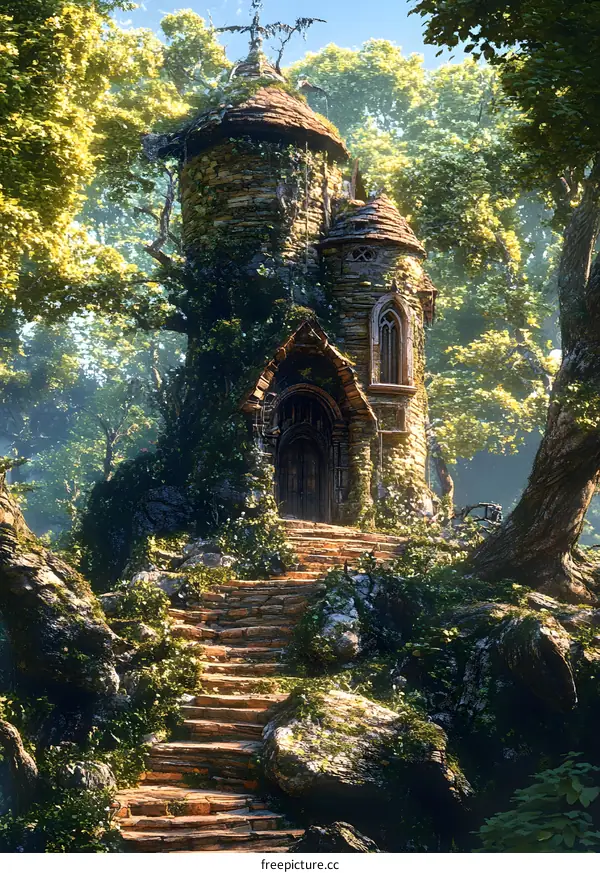 Stone Tower in a Lush Forest