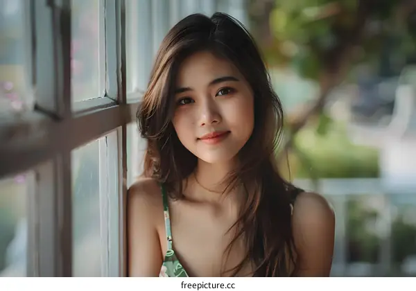 Beautiful Asian Woman Looking Through Window