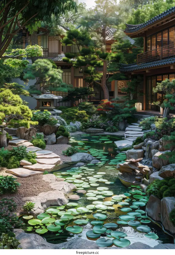 Serene Japanese Garden with Pond and Stone Paths