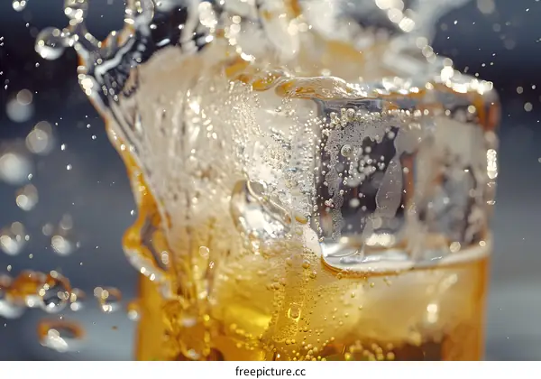 Close Up Of Ice Cubes In A Glass Of Beer