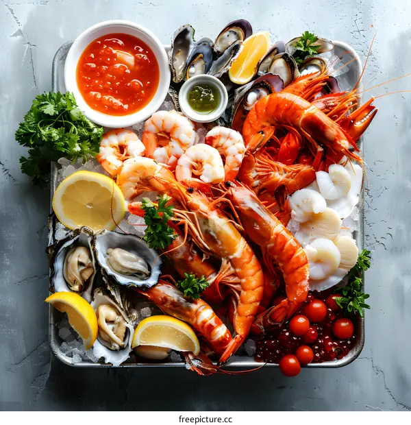 Seafood platter with oysters, mussels, shrimp, and dipping sauce