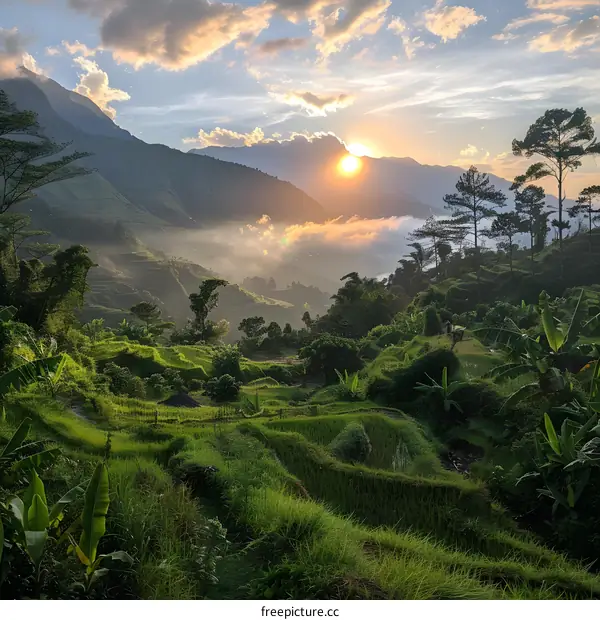 Sunset over lush green rice terraces