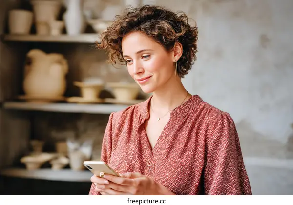 Woman Using Smartphone in a Pottery Studio