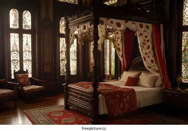 Luxurious Bedroom with Four Poster Bed and Stained Glass Windows