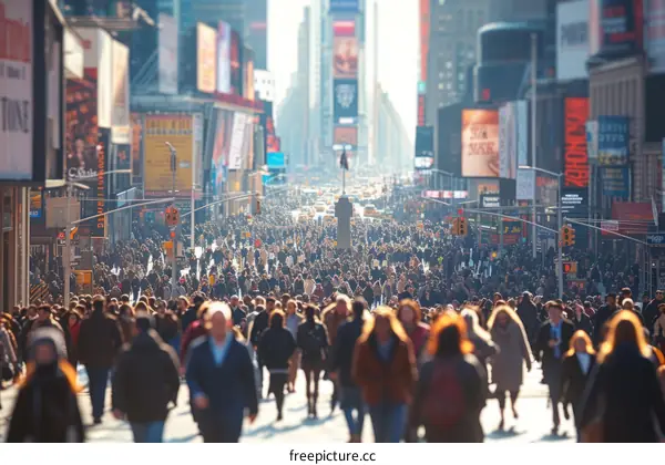 Crowded street in New York City with people crossing the road
