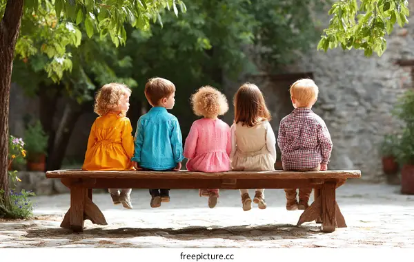 Children sitting on a bench in a park